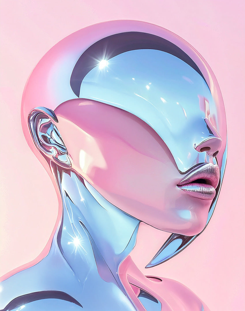 A human looking figure wearing a reflective chrome helmet and suit