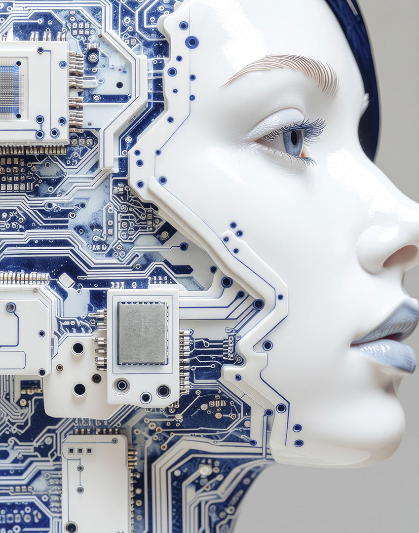 Side profile of a white, glossy face with its back replaced by white and blue circuitry