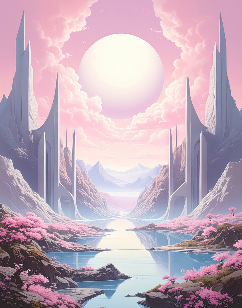 A vast landscape with pink flowers, a winding lake, and large stone monoliths that look both ancient and futuristic.