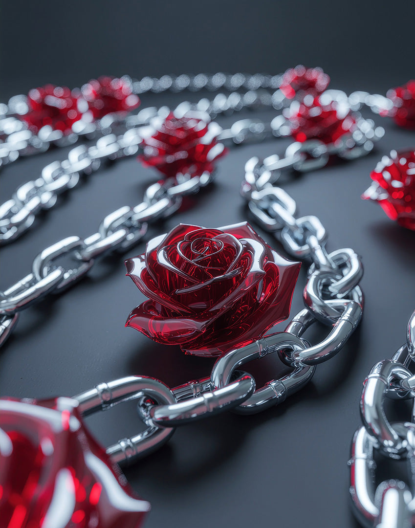 Metallic chains intertwined with translucent red glass roses.
