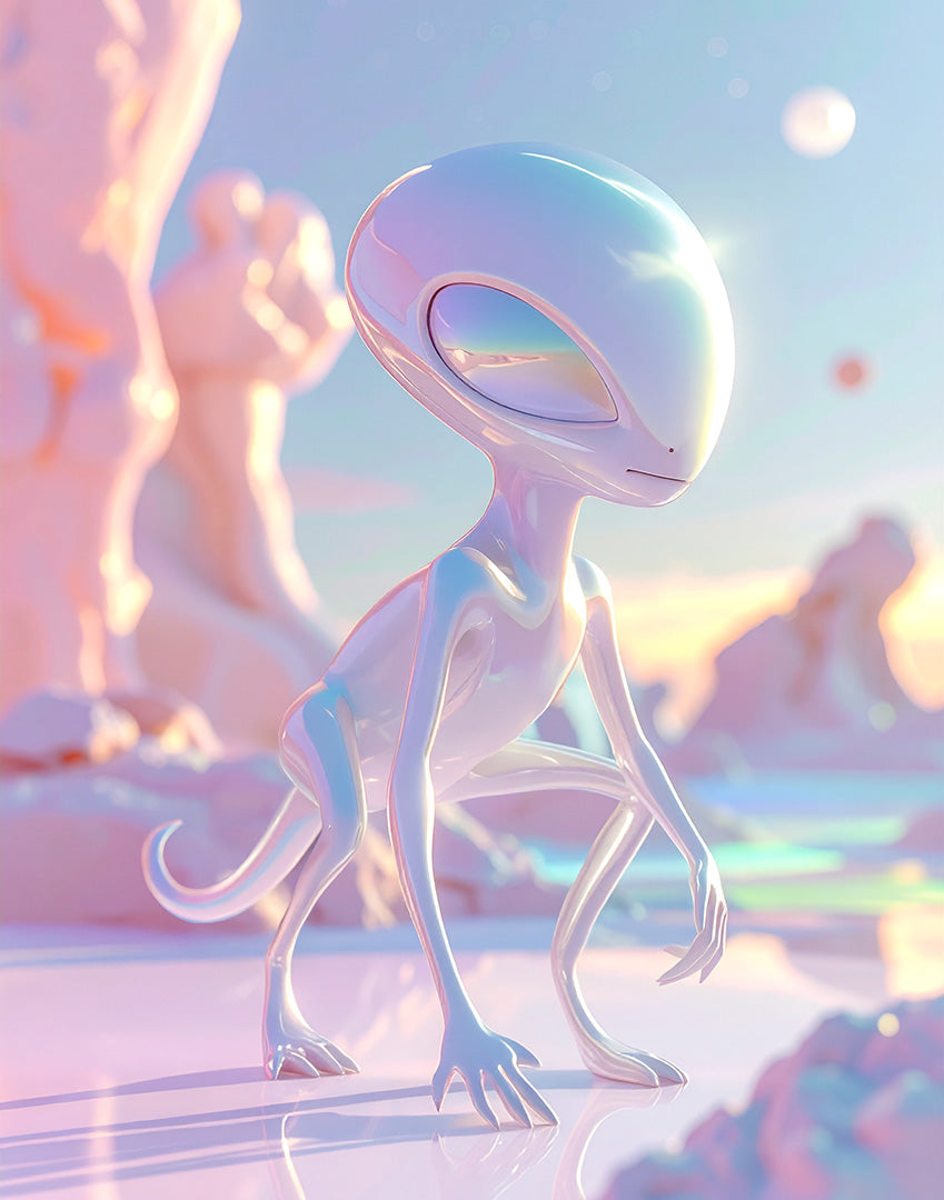 An alien figure standing in an otherworldly environment.