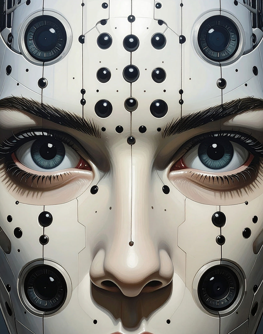 Close up of face with multiple camera lenses built into the face, staring directly forward