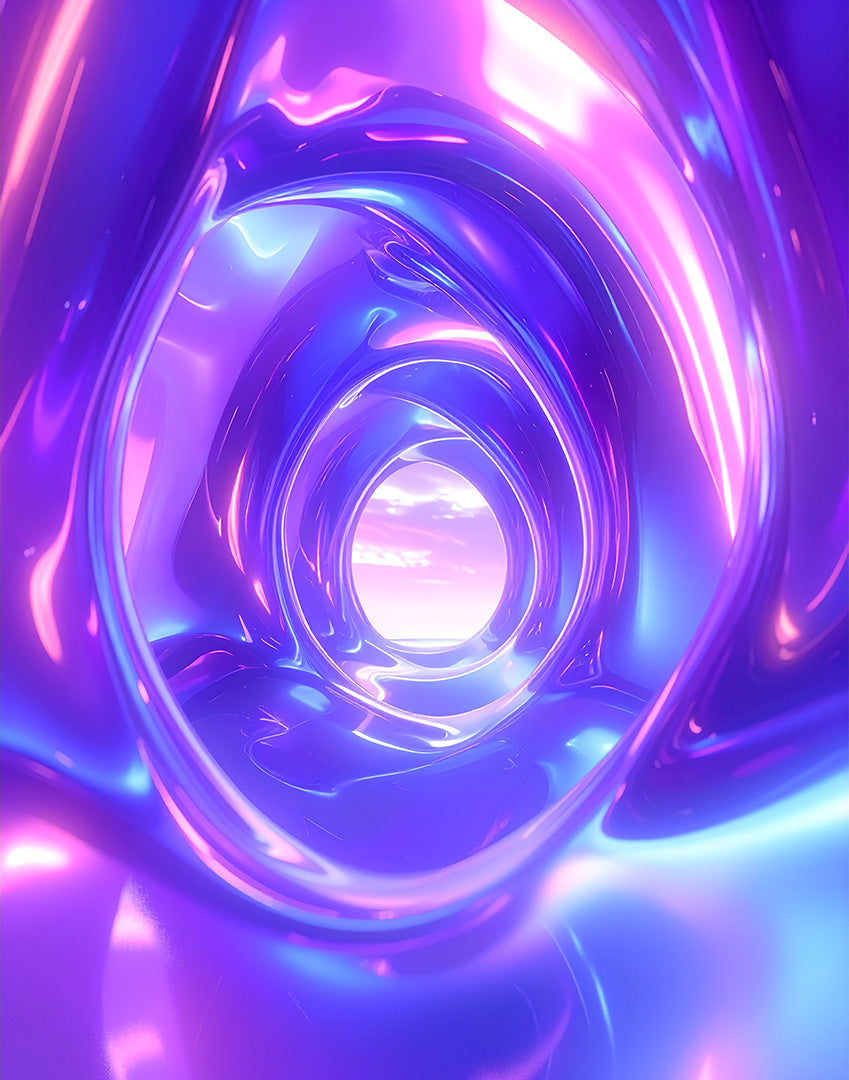 Looking out from a purple portal at a skyline and horizon.