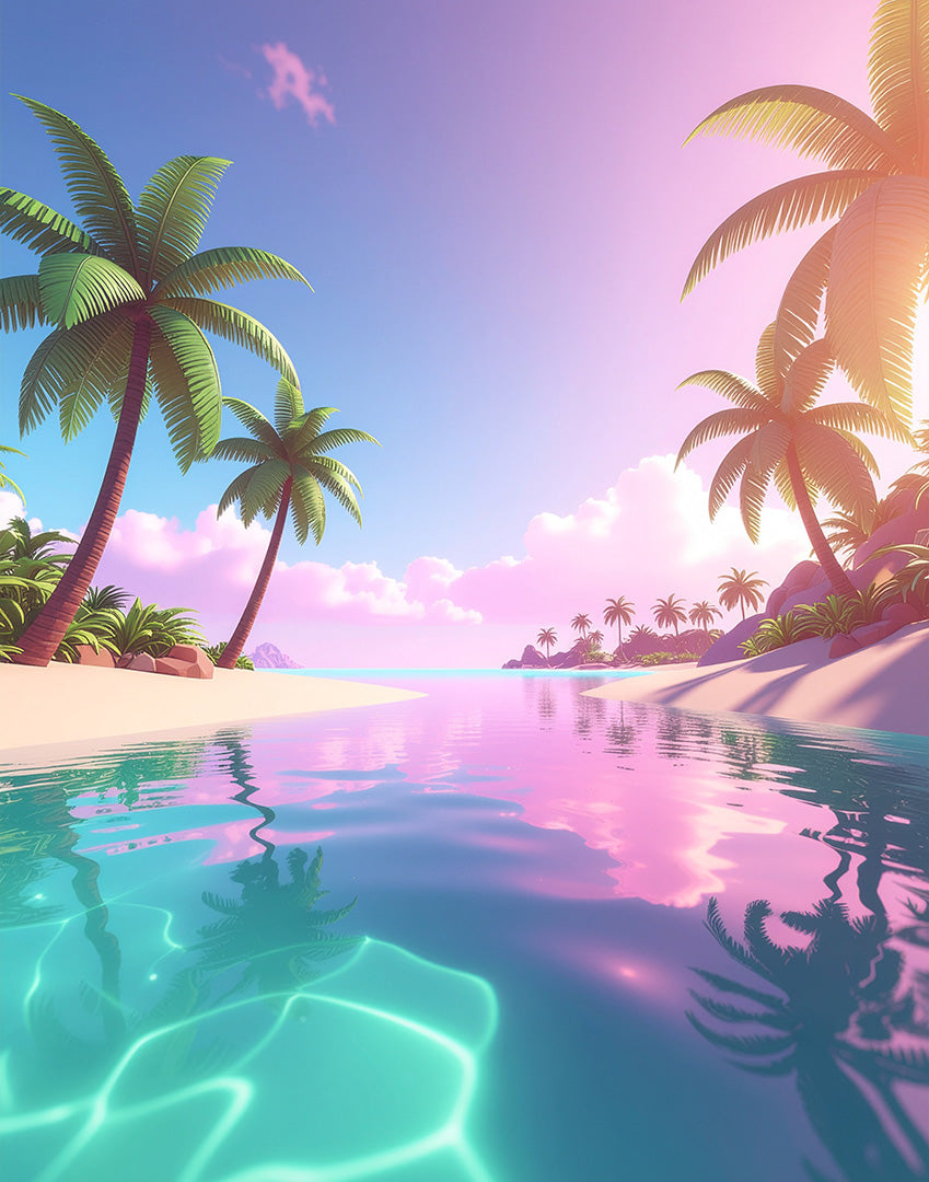 Island landscape viewed from just above the water’s surface, with the surrounding land visible around it.