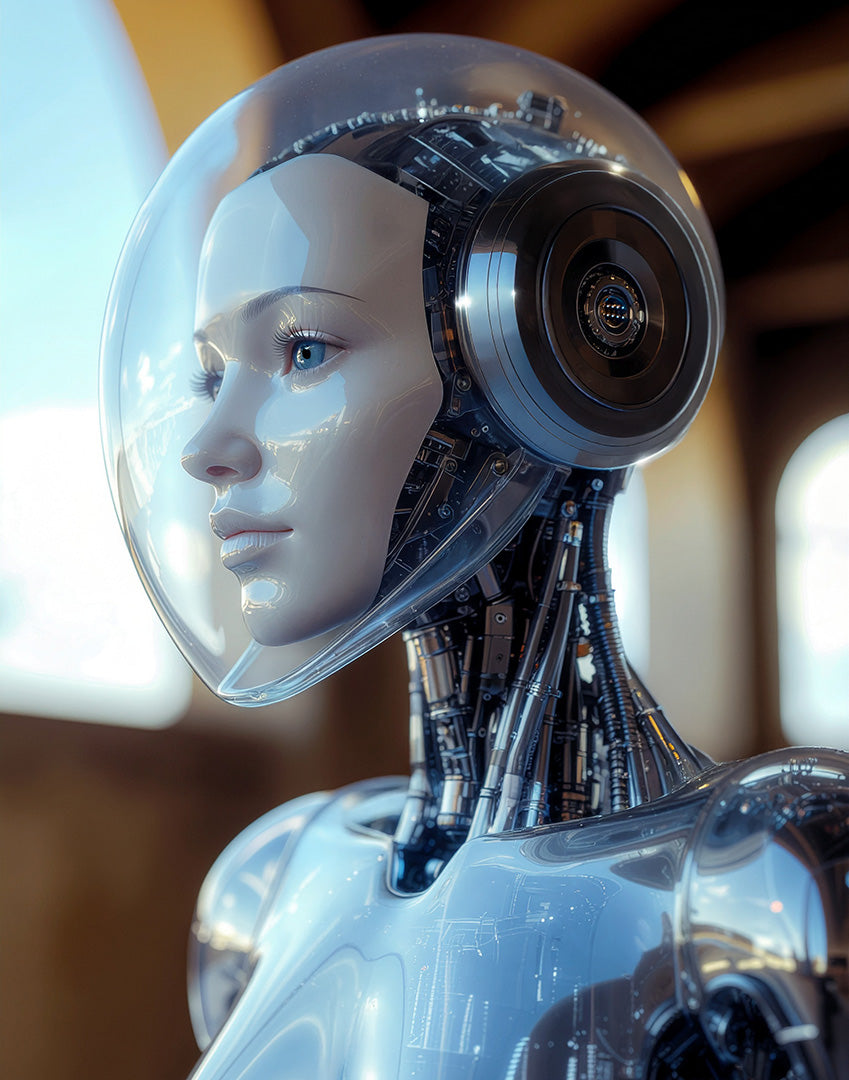 A robot with a focused human like face navigating an area.