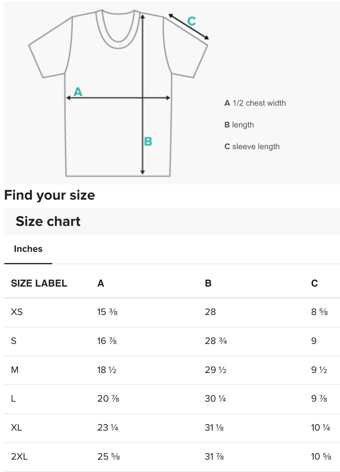 Size chart for AOP T-shirt in inches, sizes XS–2XL