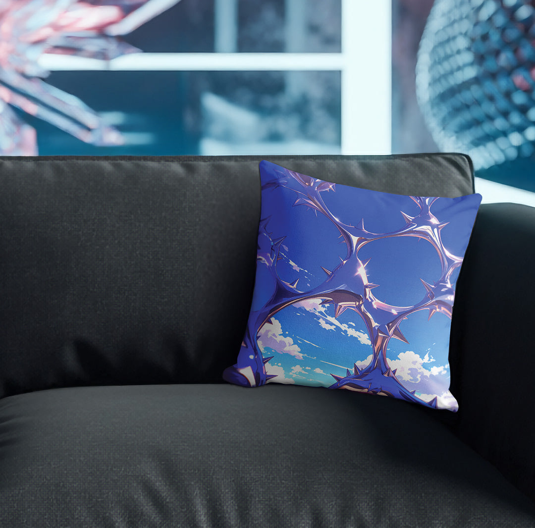 Pillow with chrome abstract pattern on couch