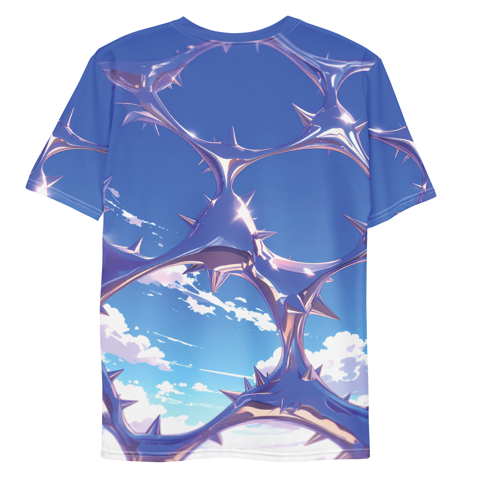 All-over print T-shirt with chrome abstract pattern, chrome abstract pattern on each sleeve, back flat lay