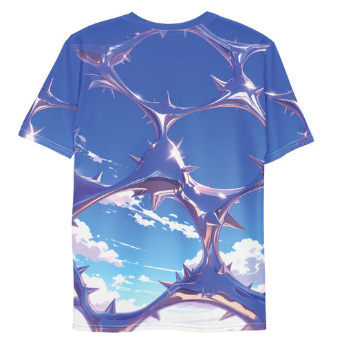 All-over print T-shirt with chrome abstract pattern, chrome abstract pattern on each sleeve, back flat lay