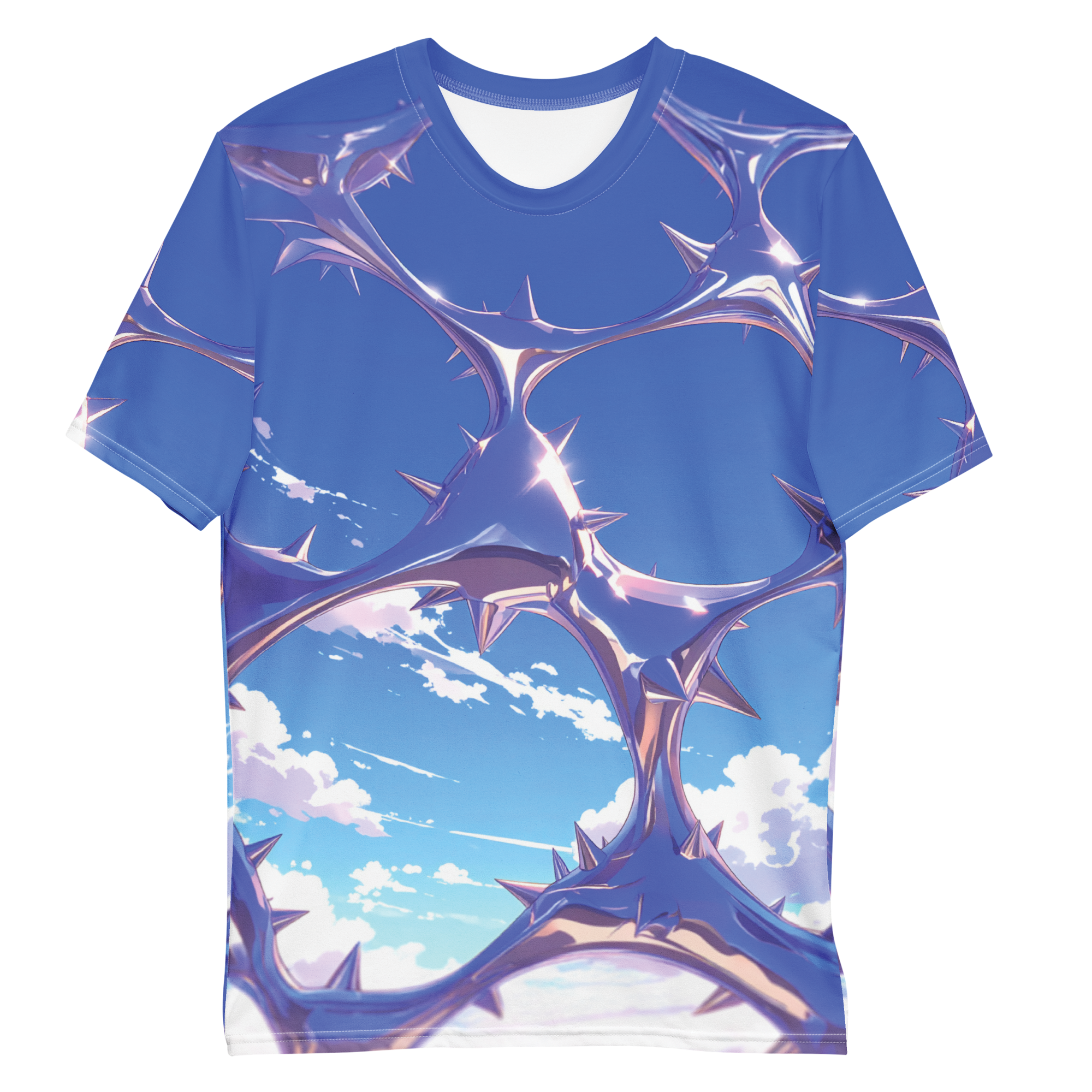 All-over print T-shirt with chrome abstract pattern, chrome abstract pattern on each sleeve, front flat lay