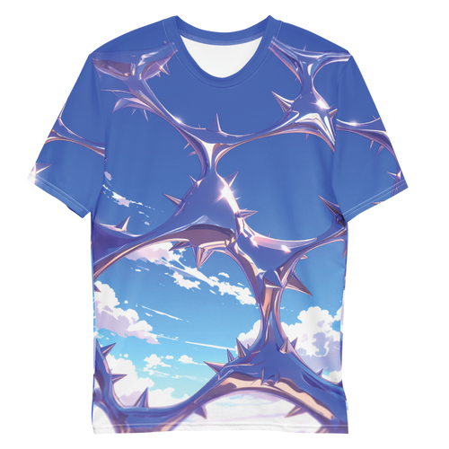 All-over print T-shirt with chrome abstract pattern, chrome abstract pattern on each sleeve, front flat lay