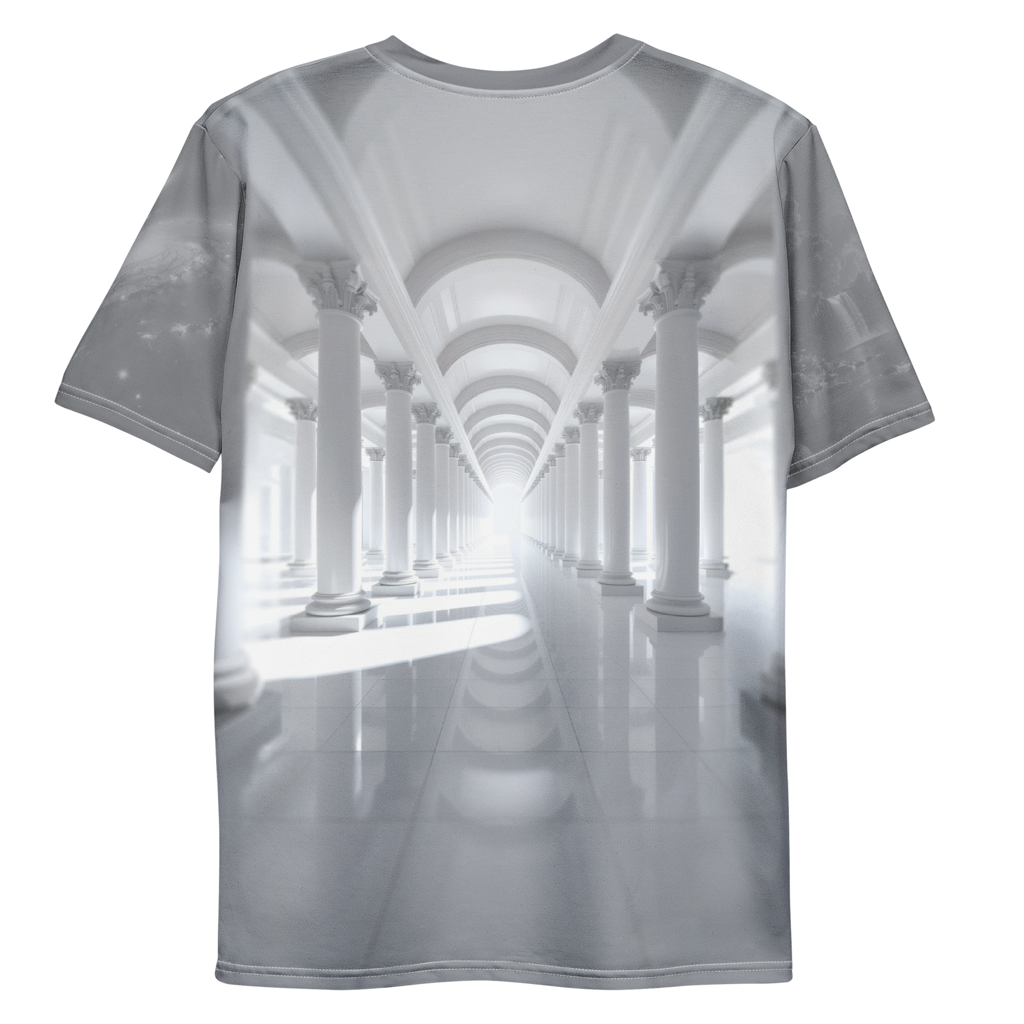 All-over print T-shirt with interior architectural scene featuring columns, outer space artwork on one sleeve and nature artwork on the other, back flat lay