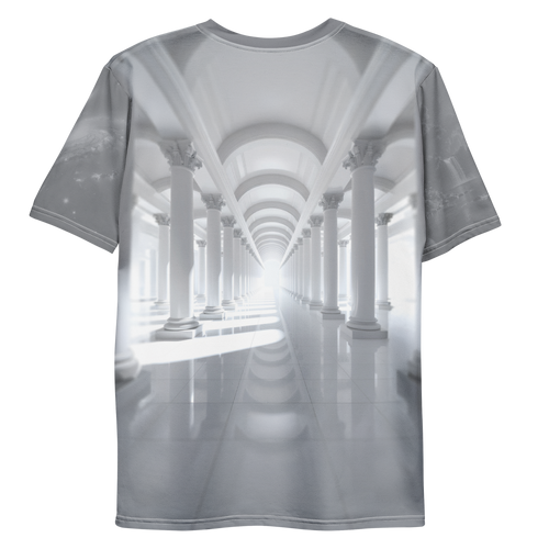 All-over print T-shirt with interior architectural scene featuring columns, outer space artwork on one sleeve and nature artwork on the other, back flat lay