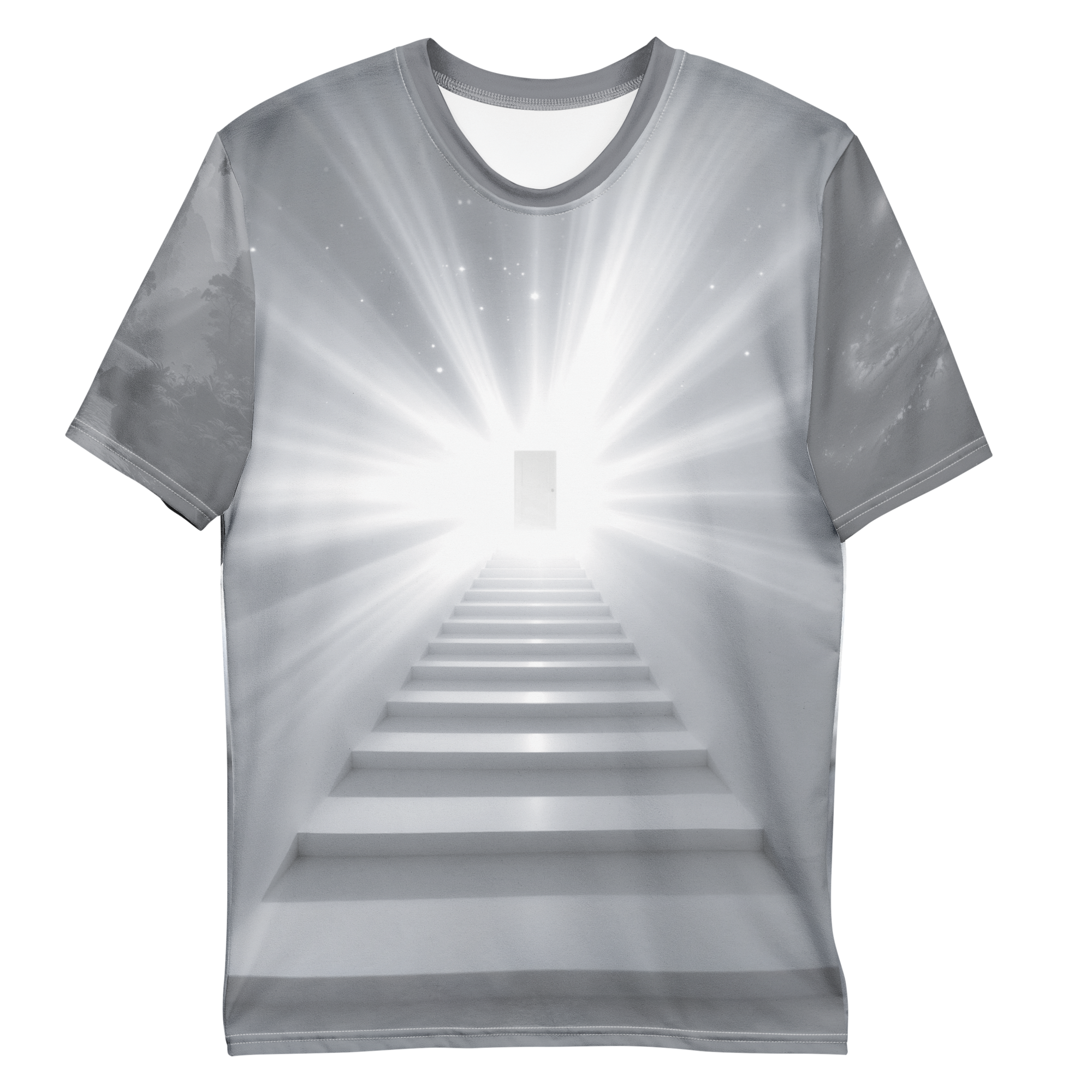 All-over print T-shirt with stairs leading upwards to a door, outer space artwork on one sleeve and nature artwork on the other, front flat lay
