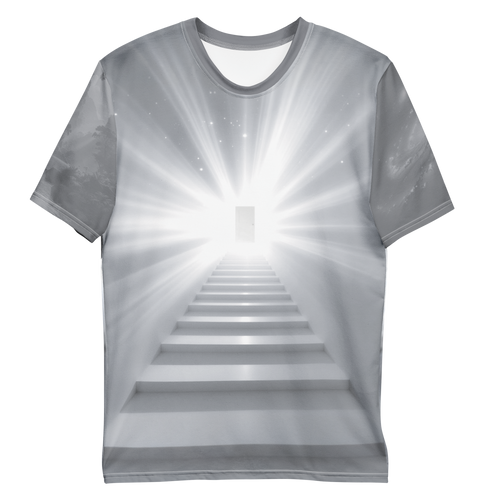 All-over print T-shirt with stairs leading upwards to a door, outer space artwork on one sleeve and nature artwork on the other, front flat lay