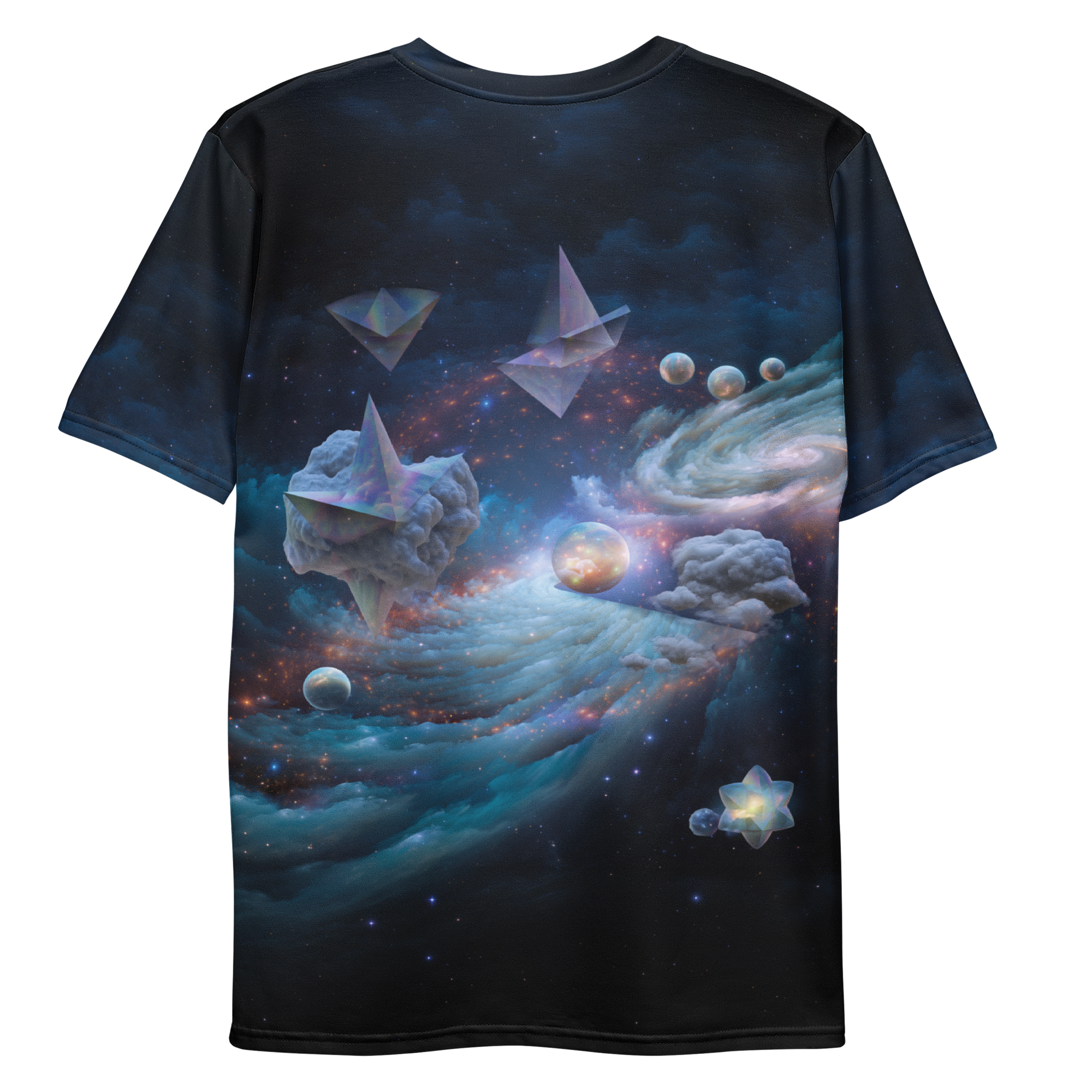 All-over print T-shirt with surreal futuristic abstract artwork with floating shapes and glowing light in a digital space, abstract design on each sleeve, back flat lay