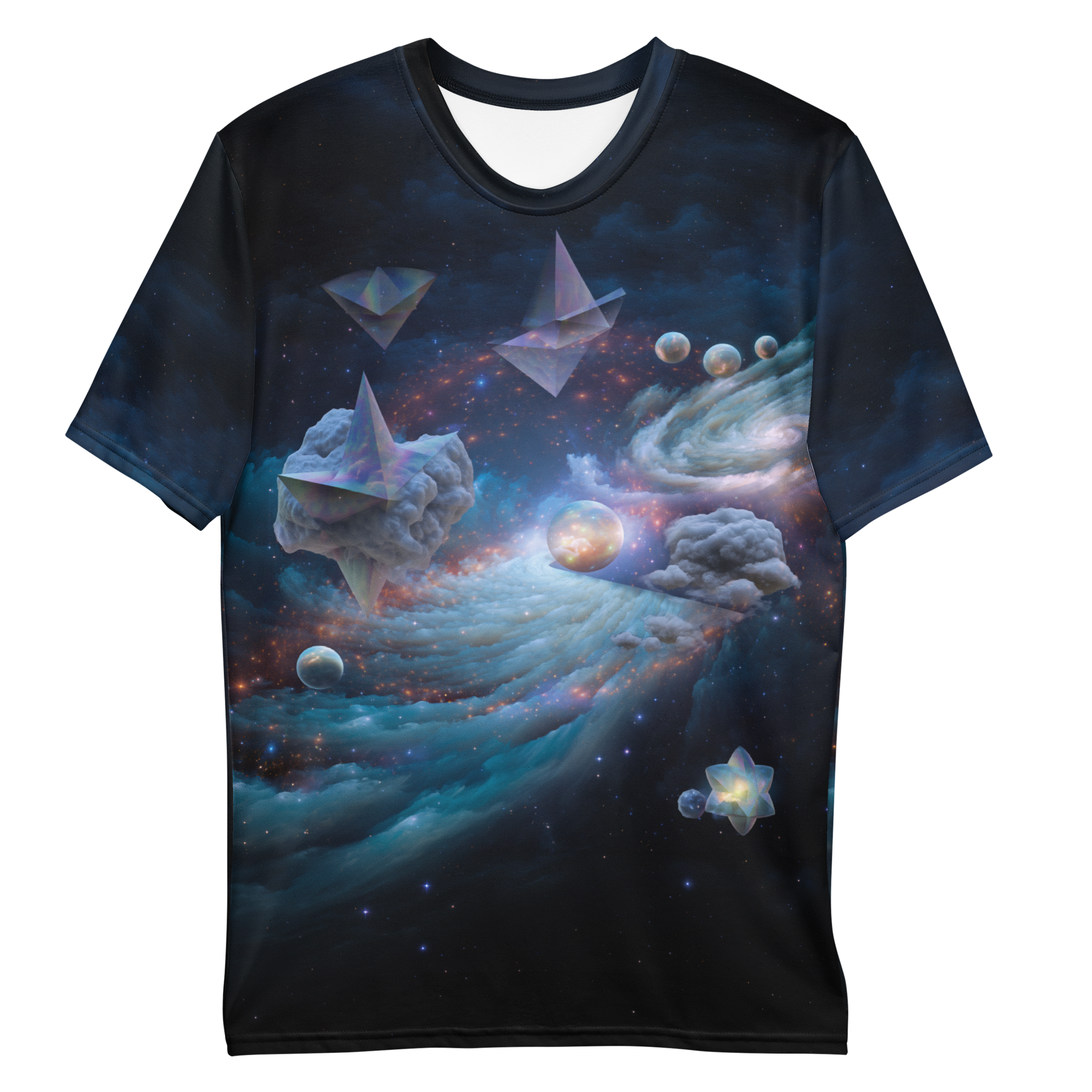 All-over print T-shirt with surreal futuristic abstract artwork with floating shapes and glowing light in a digital space, abstract design on each sleeve, front flat lay