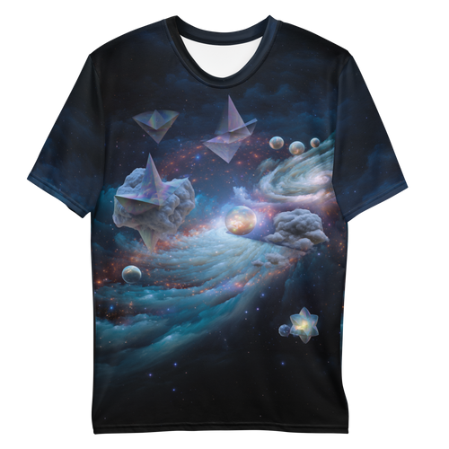 All-over print T-shirt with surreal futuristic abstract artwork with floating shapes and glowing light in a digital space, abstract design on each sleeve, front flat lay