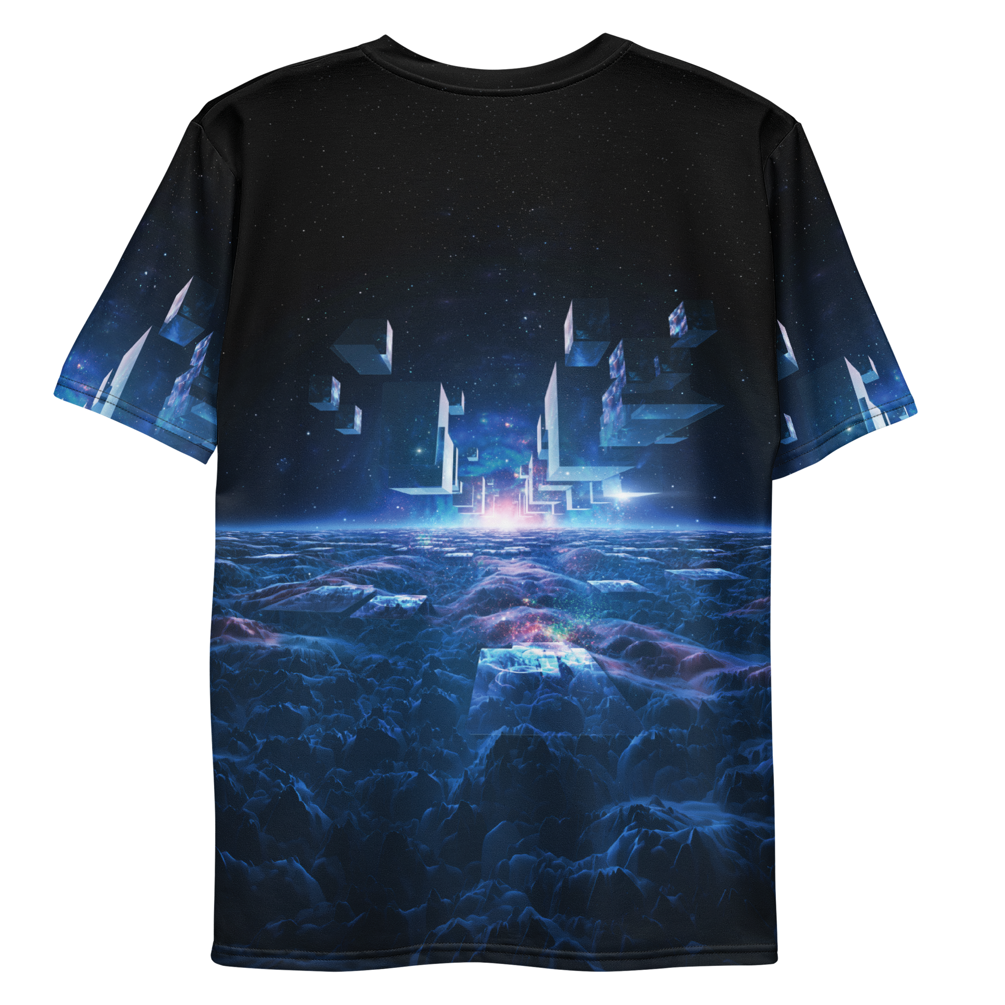 All-over print T-shirt with surreal futuristic abstract artwork with floating shapes and glowing light in a digital space, abstract design on each sleeve, back flat lay