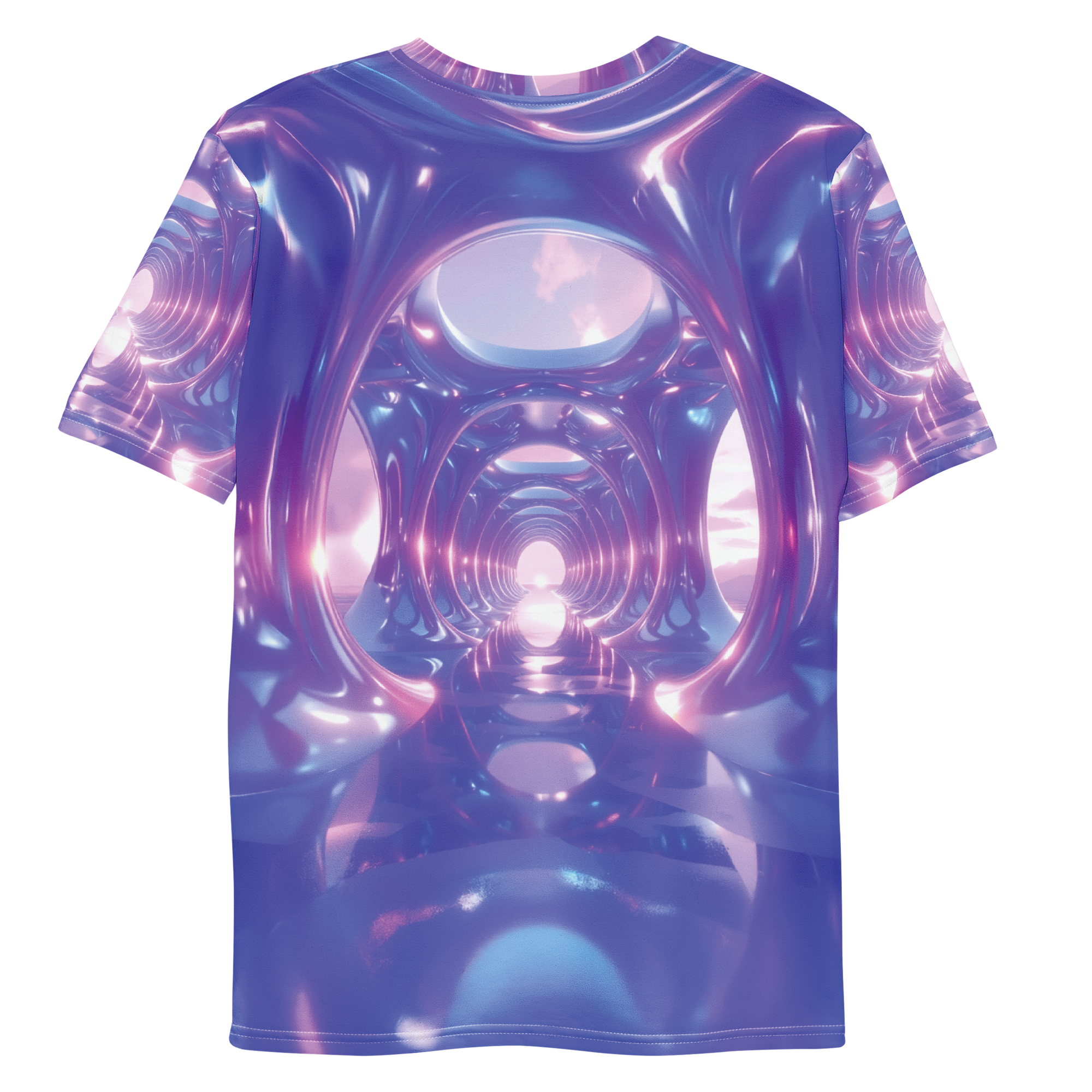 All-over print T-shirt with abstract pattern, abstract pattern on each sleeve, back flat lay