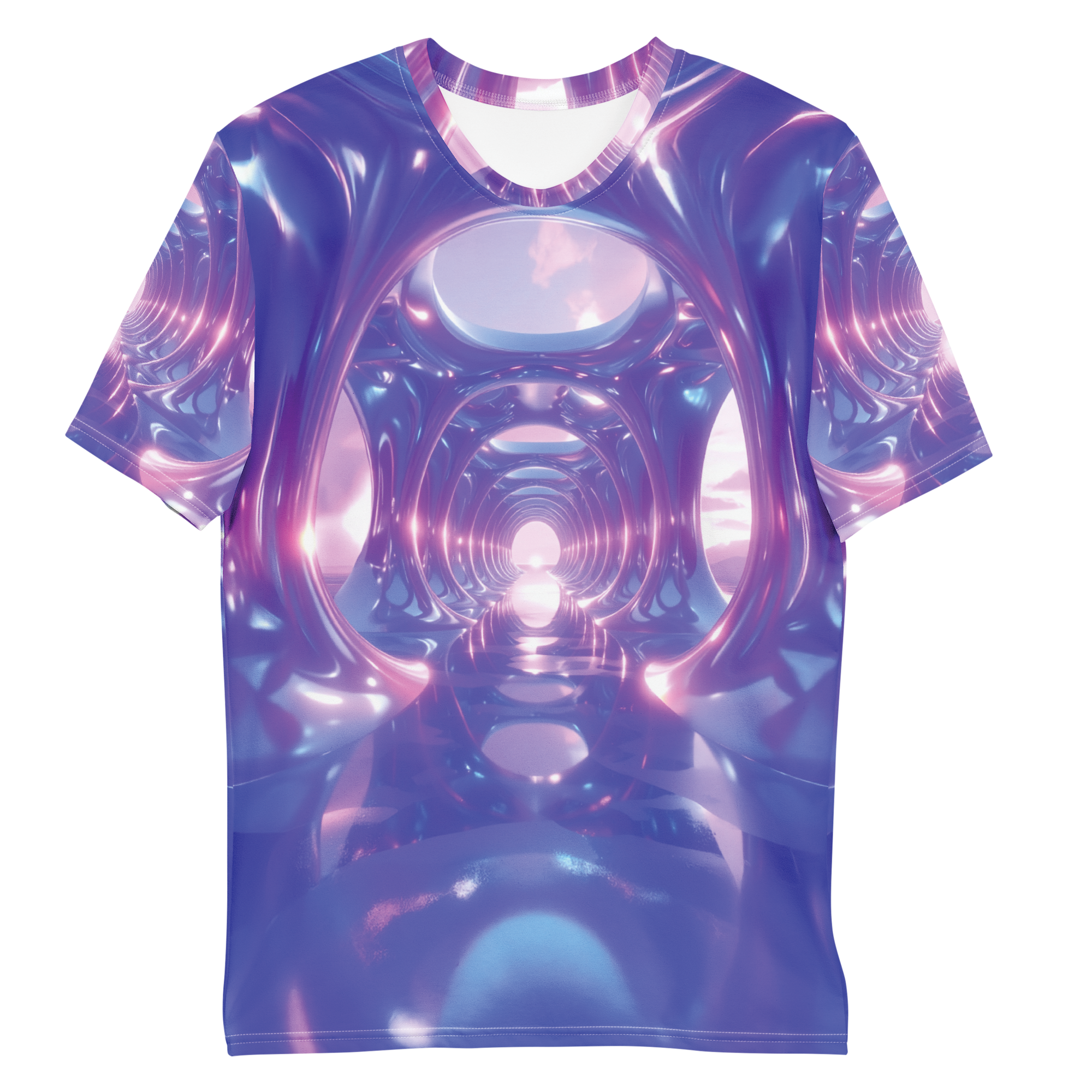 All-over print T-shirt with abstract pattern, abstract pattern on each sleeve, front flat lay