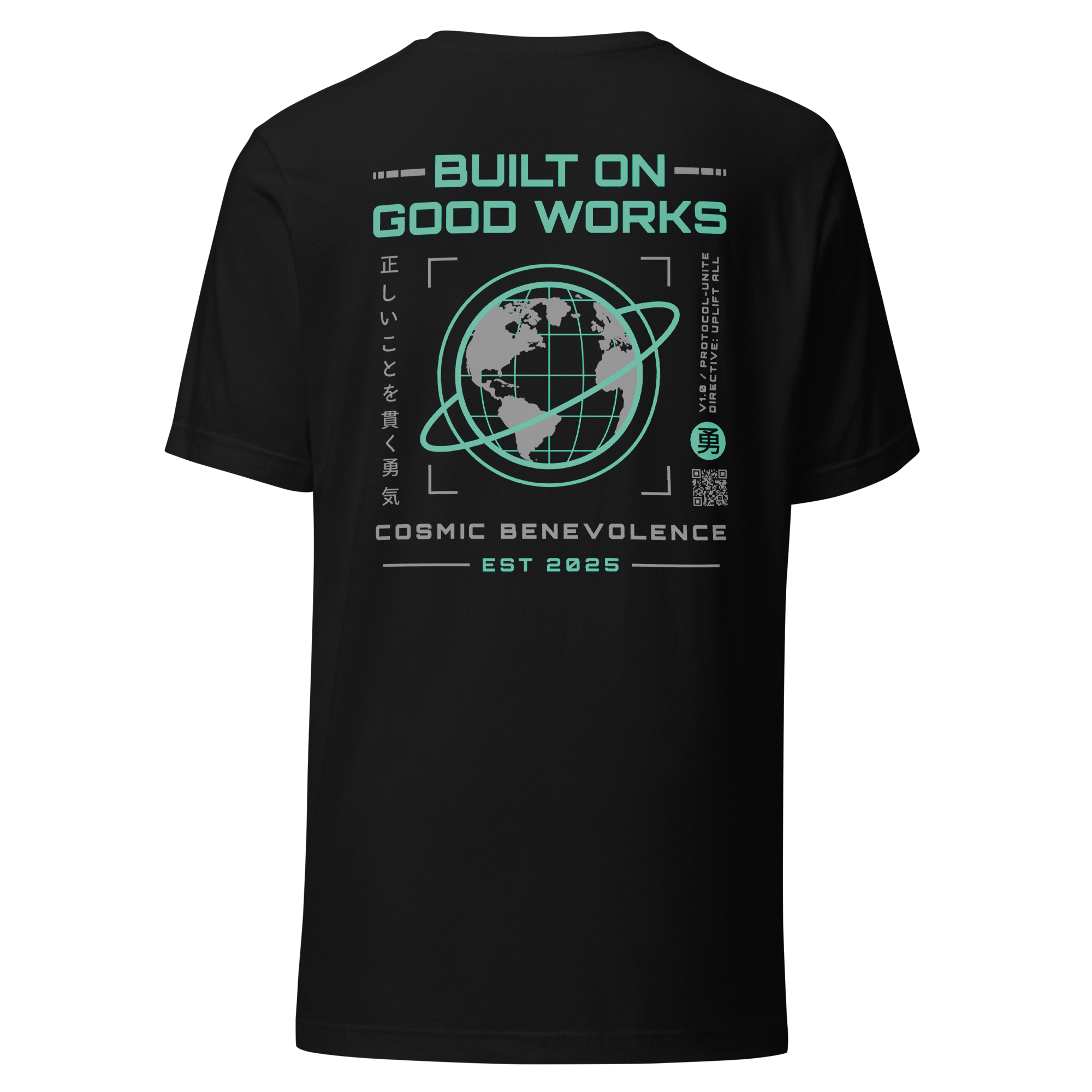 Black tee, back, brand wordmark in green along with decorative text and Japanese phrase elements, centered on upper back