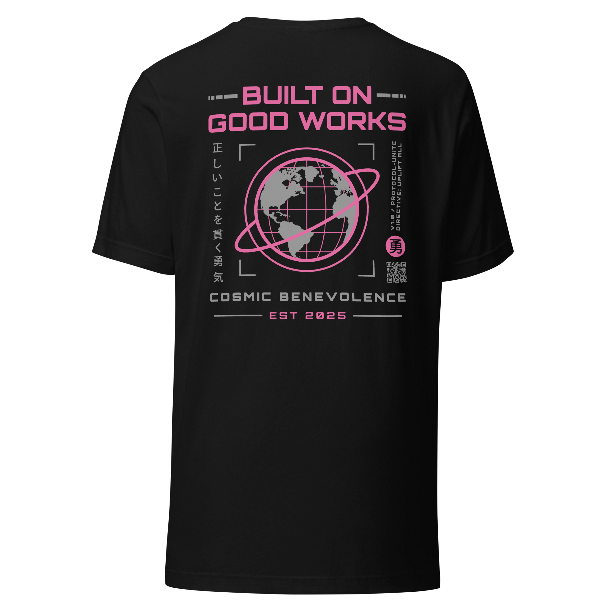Black tee, back, brand wordmark in pink along with decorative text and Japanese phrase elements, centered on upper back
