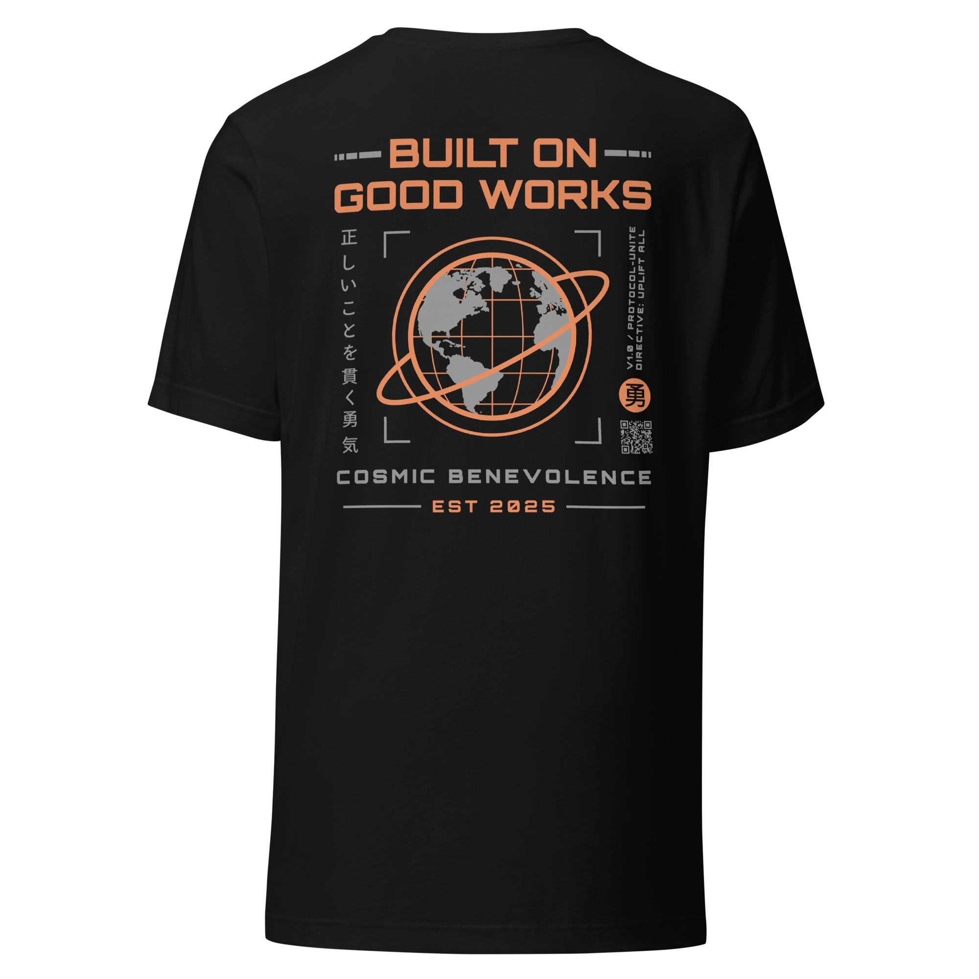 Black tee, back, brand wordmark in orange along with decorative text and Japanese phrase elements, centered on upper back