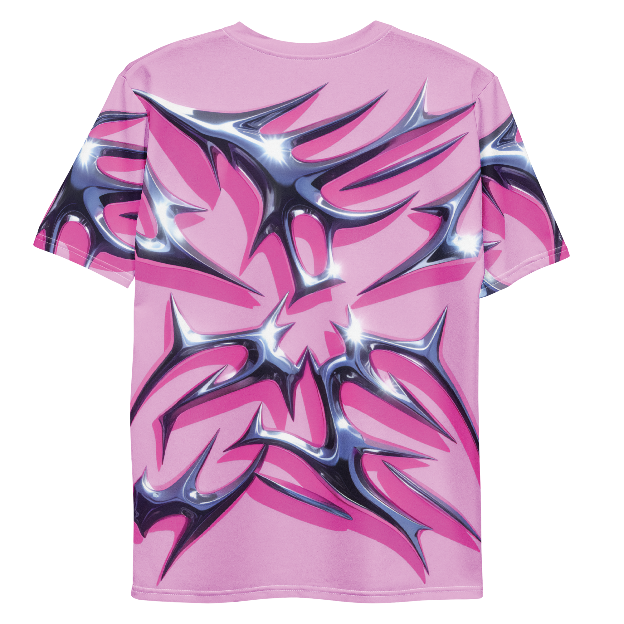 All-over print T-shirt with chrome abstract pattern, chrome abstract pattern on each sleeve, back flat lay