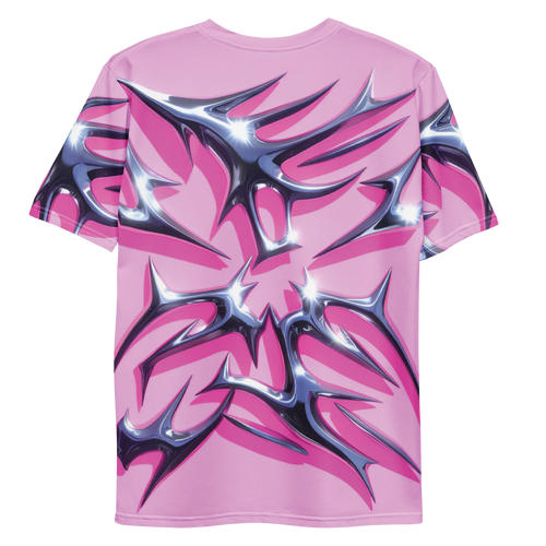 All-over print T-shirt with chrome abstract pattern, chrome abstract pattern on each sleeve, back flat lay