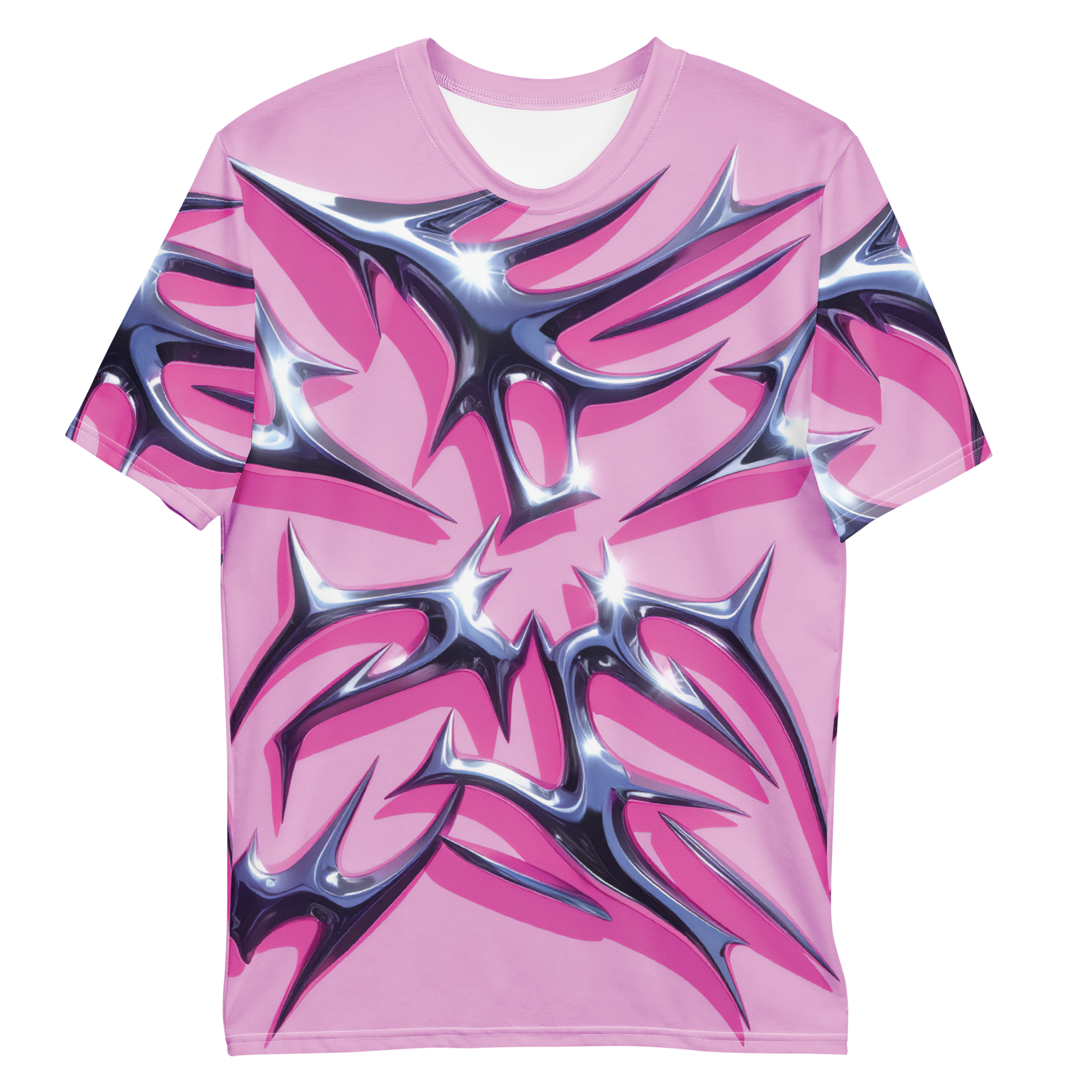 All-over print T-shirt with chrome abstract pattern, chrome abstract pattern on each sleeve, front flat lay