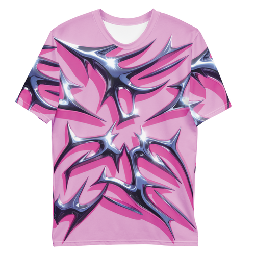 All-over print T-shirt with chrome abstract pattern, chrome abstract pattern on each sleeve, front flat lay