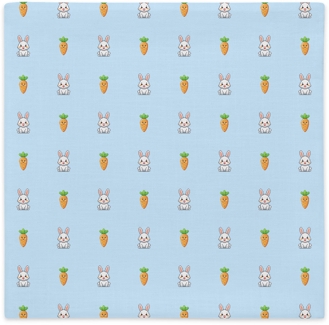 Pillow cover with bunny and carrot pattern, flat lay