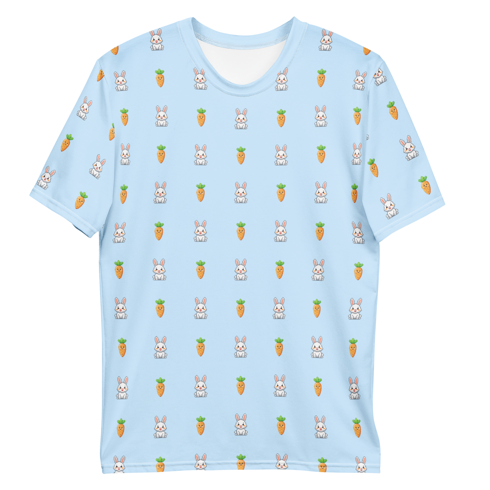All-over print T-shirt with bunny and carrot pattern, bunny and carrot pattern on each sleeve, front flat lay