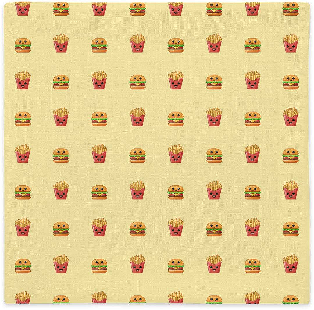 Pillow cover with burger and fries pattern, flat lay