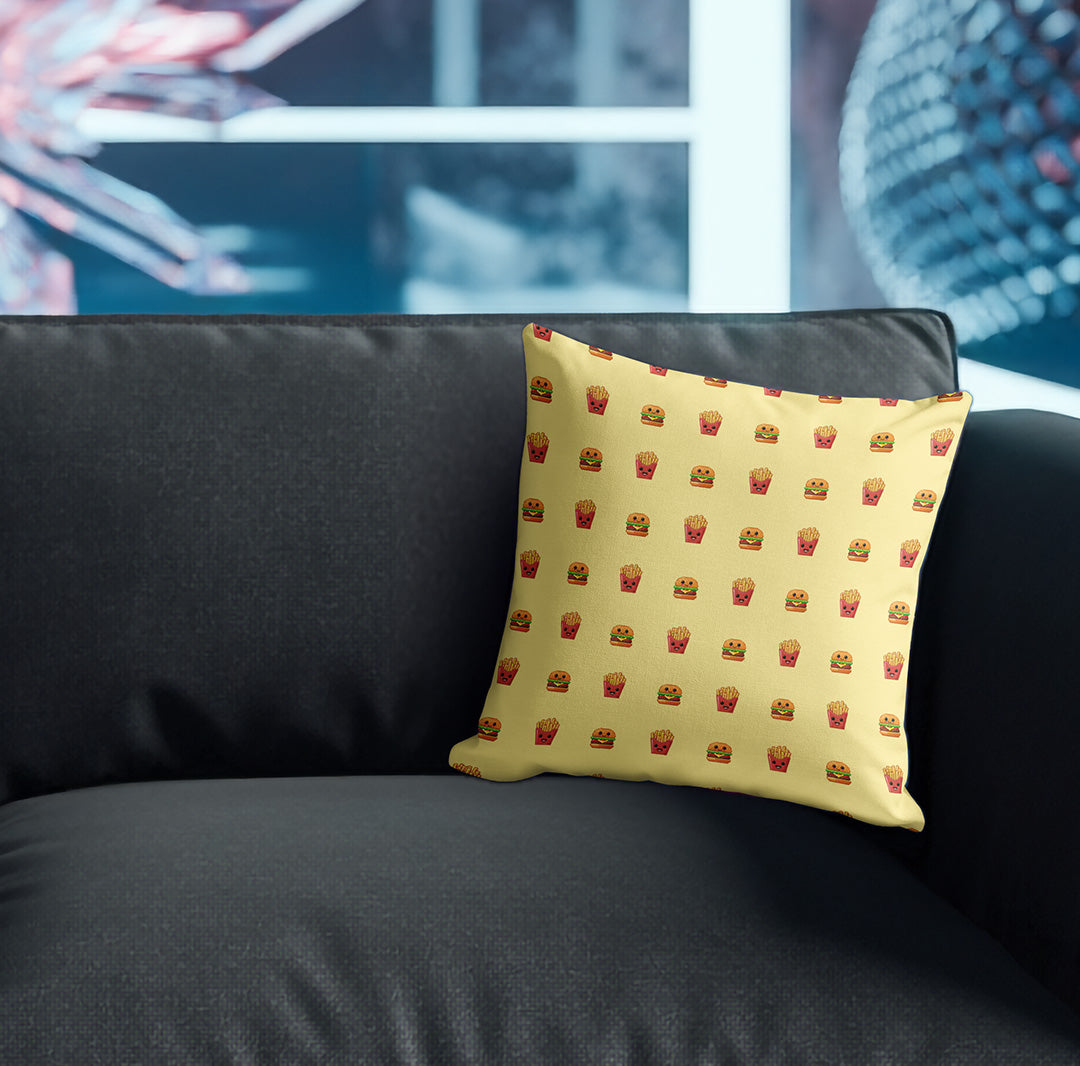 Pillow with burger and fries pattern on couch