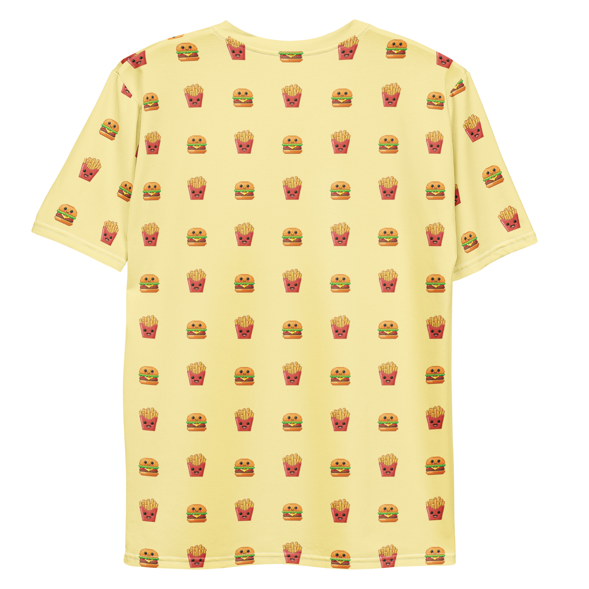 All-over print T-shirt with burger and fries pattern, burger and fries pattern on each sleeve, back flat lay