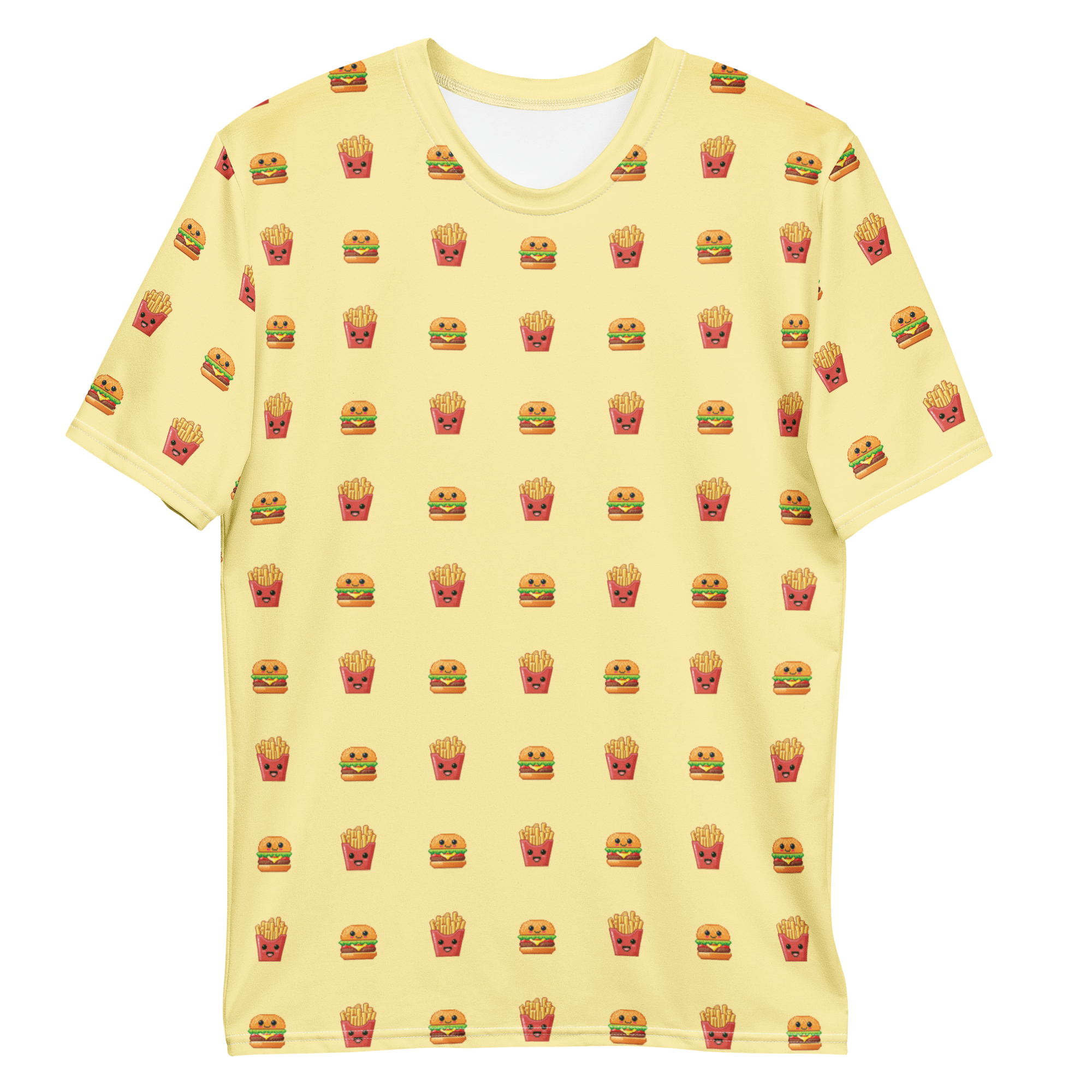 All-over print T-shirt with burger and fries pattern, burger and fries pattern on each sleeve, front flat lay