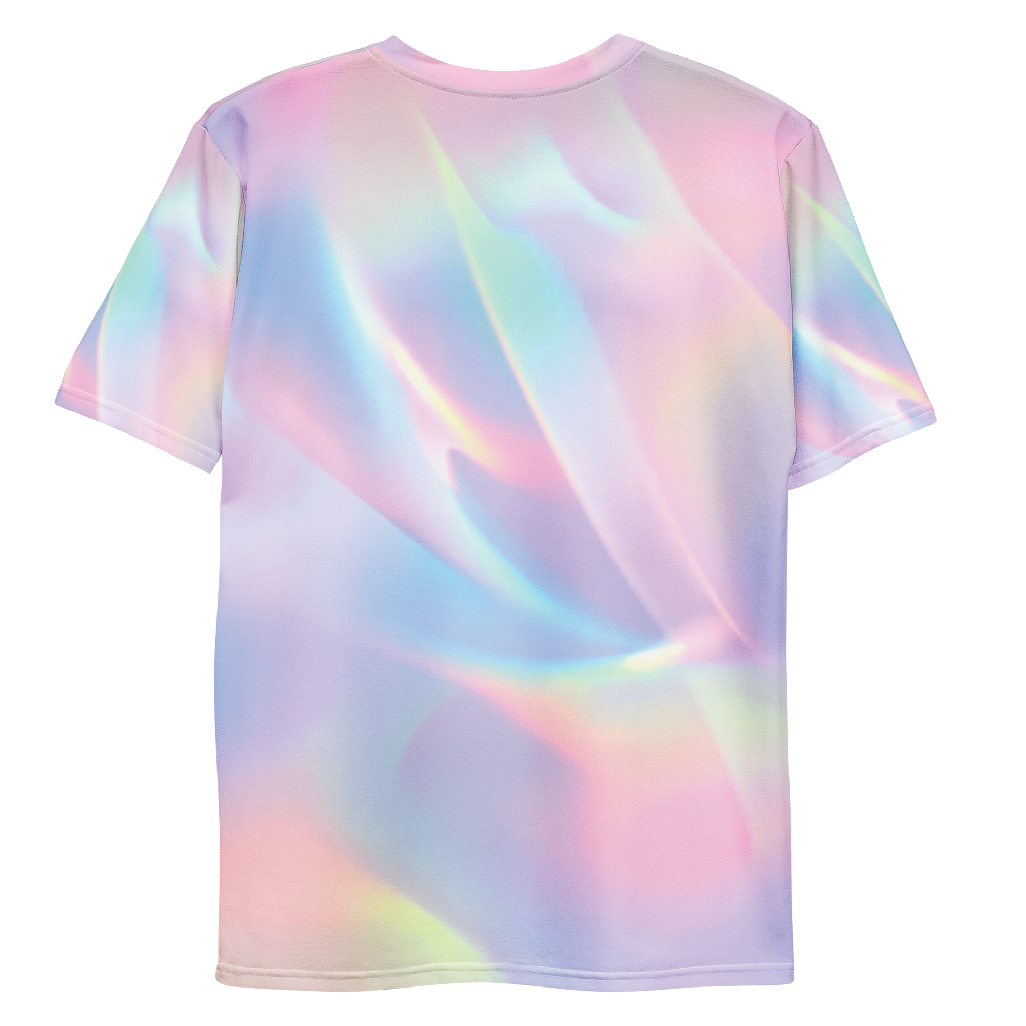 Back of T-shirt with pastel rainbow color fringing and light scattering effects, including on the sleeves. Flat lay.
