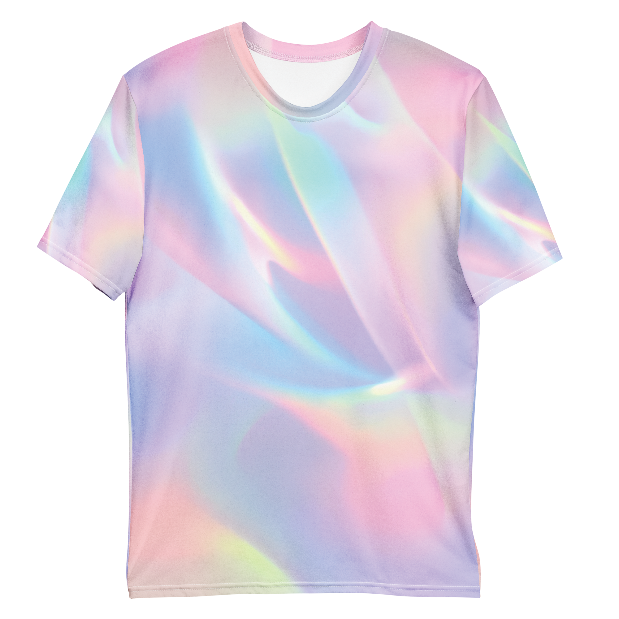 Front of T-shirt with pastel rainbow color fringing and light scattering effects, including on the sleeves. Flat lay.