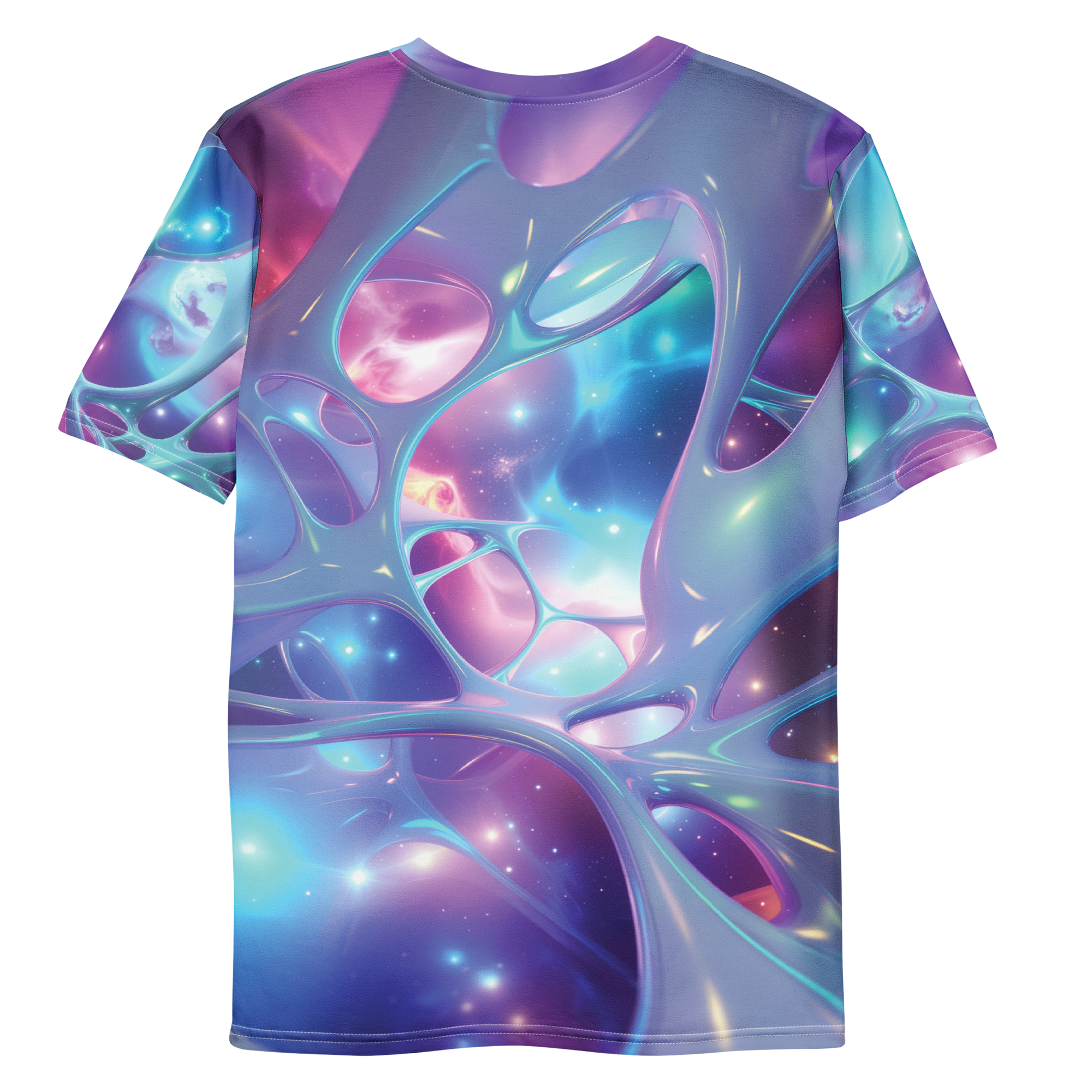 All-over print T-shirt with abstract design, abstract design on each sleeve, back flat lay