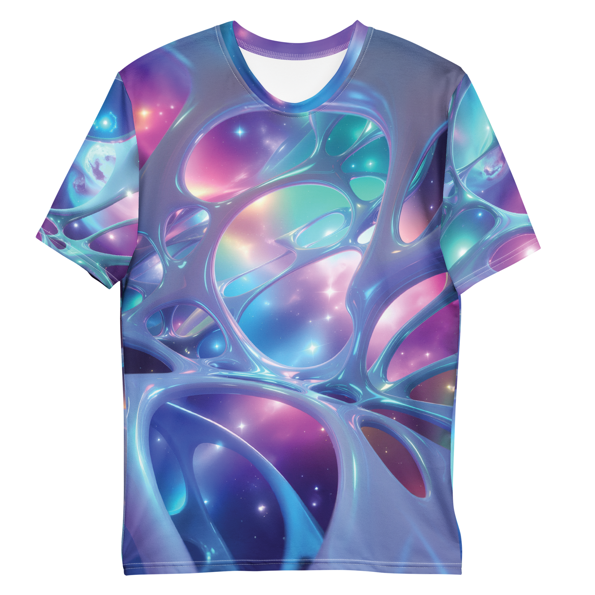 All-over print T-shirt with abstract design, abstract design on each sleeve, front flat lay