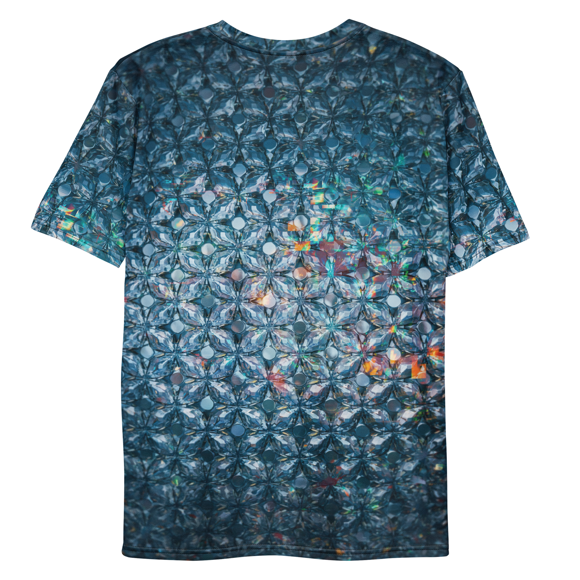All-over print T-shirt with surreal futuristic abstract pattern, futuristic abstract pattern on each sleeve, back flat lay.