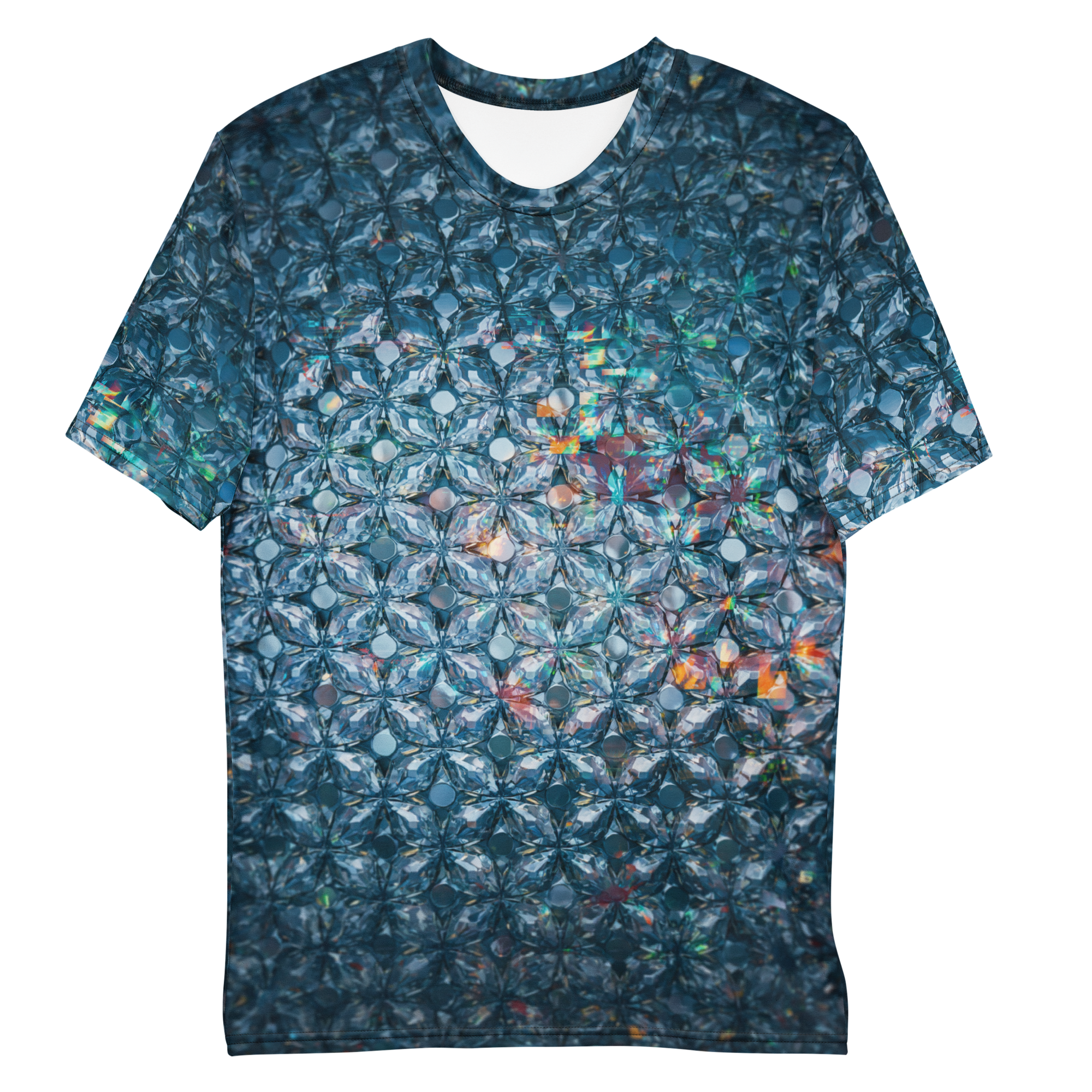 All-over print T-shirt with surreal futuristic abstract pattern, futuristic abstract pattern on each sleeve, front flat lay.
