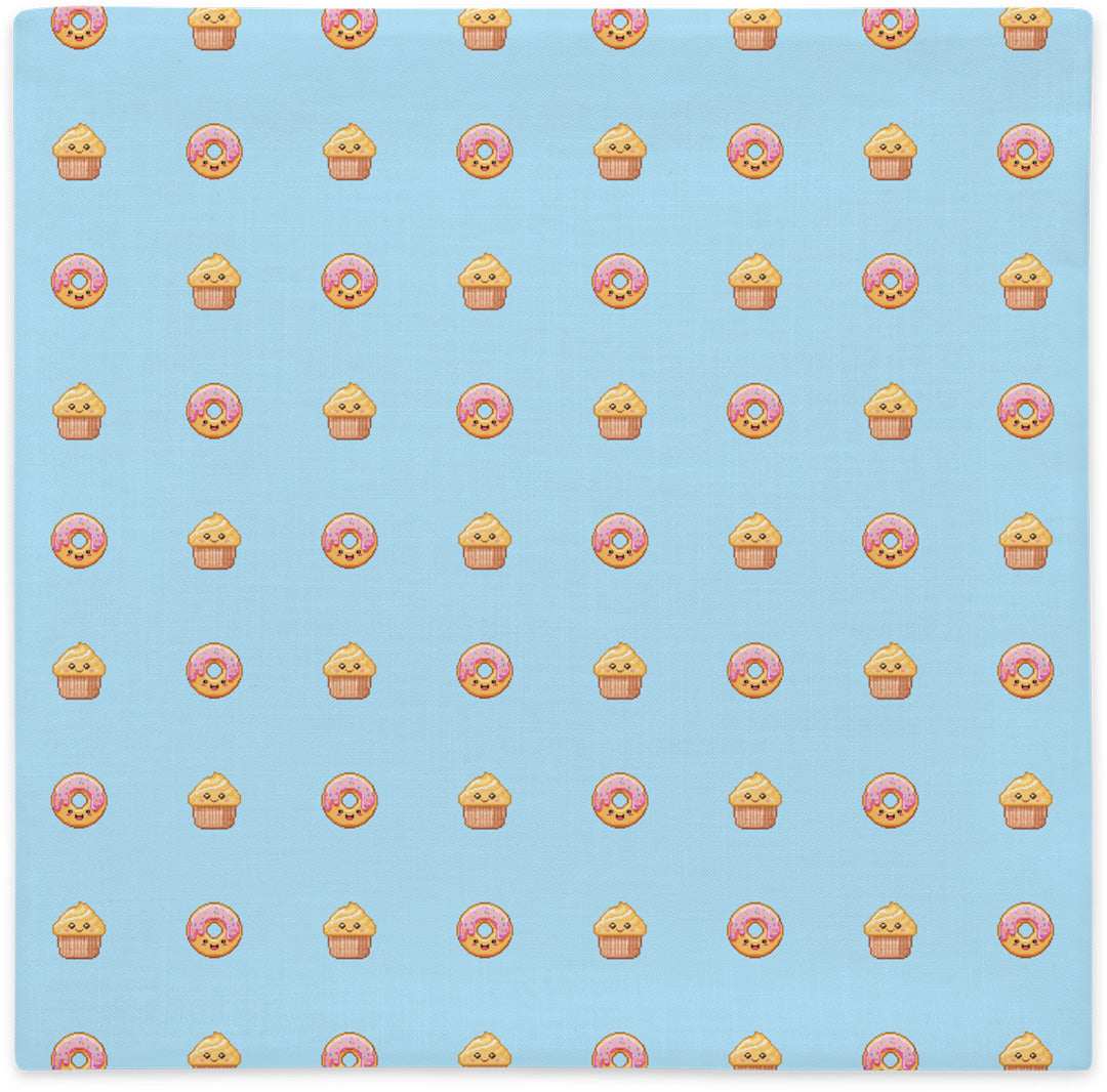 Pillow cover with cupcakes and donuts pattern, flat lay