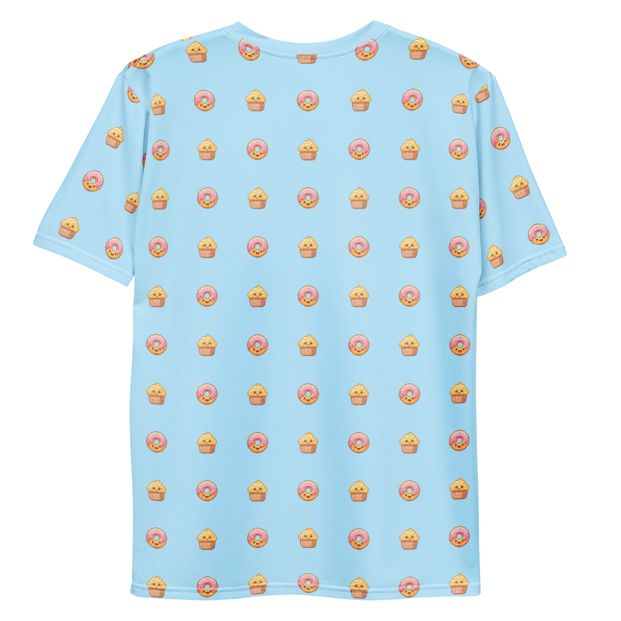 All-over print T-shirt with cupcakes and donuts pattern, cupcakes and donuts pattern on each sleeve, back flat lay