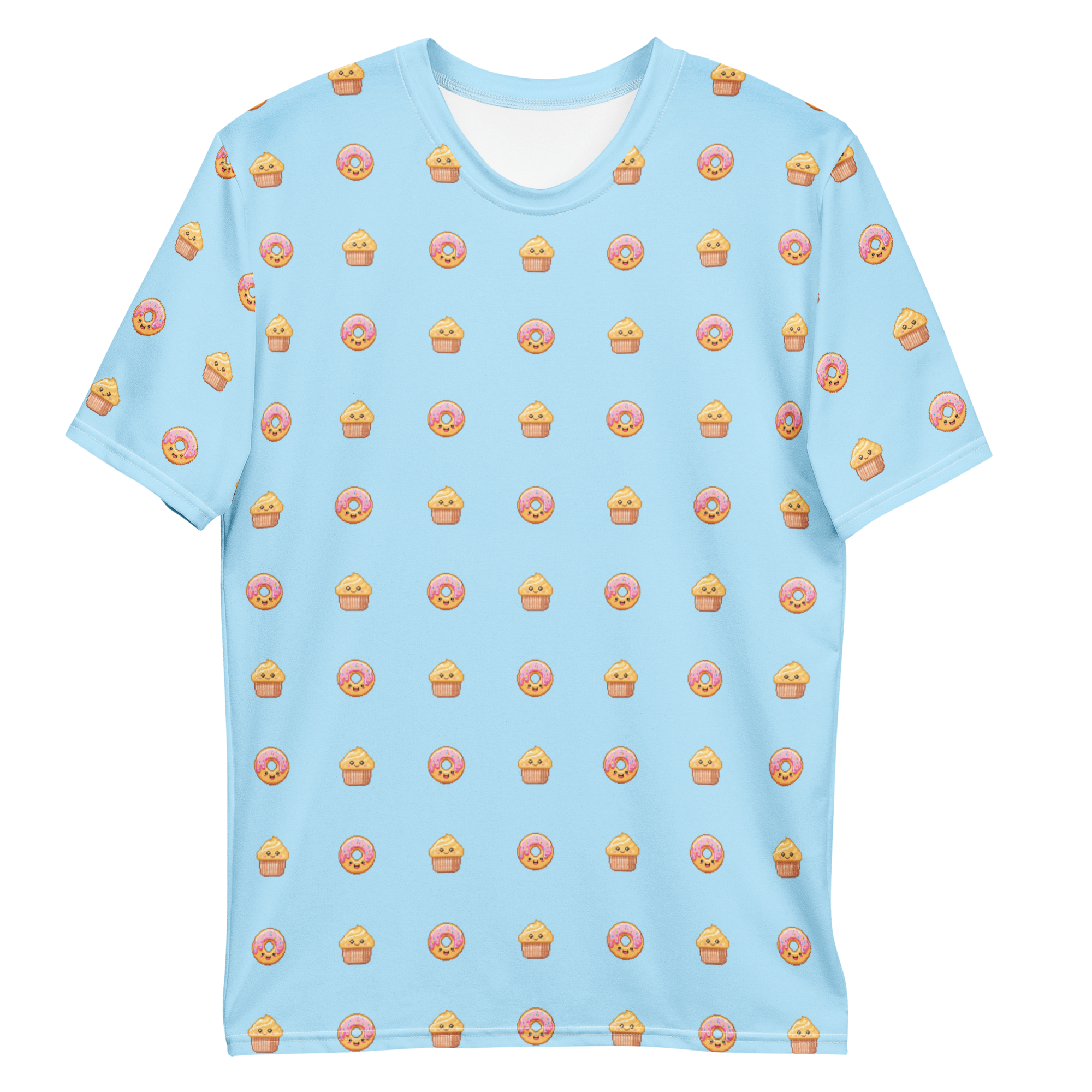 All-over print T-shirt with cupcakes and donuts pattern, cupcakes and donuts pattern on each sleeve, front flat lay