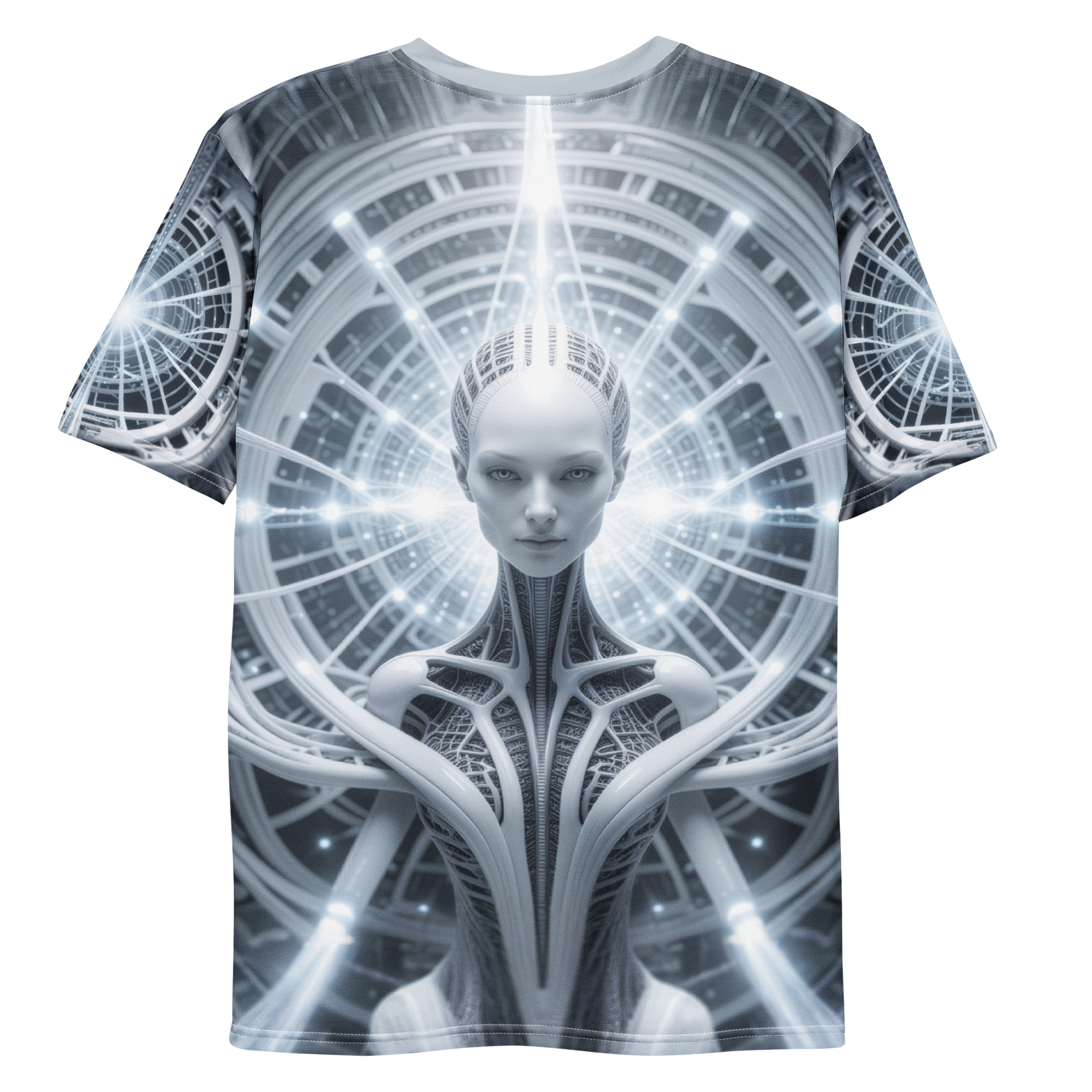 All-over print T-shirt with stylized figure surrounded by intricate abstract artwork, intricate abstract artwork on each sleeve, back flat lay