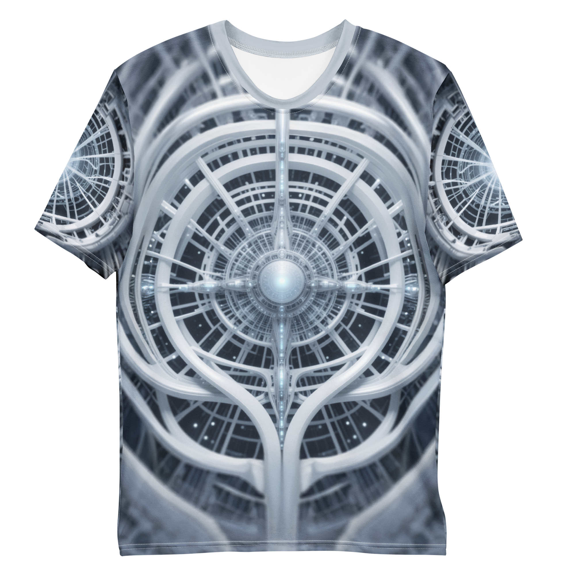 All-over print T-shirt with intricate abstract artwork, intricate abstract artwork on each sleeve, front flat lay