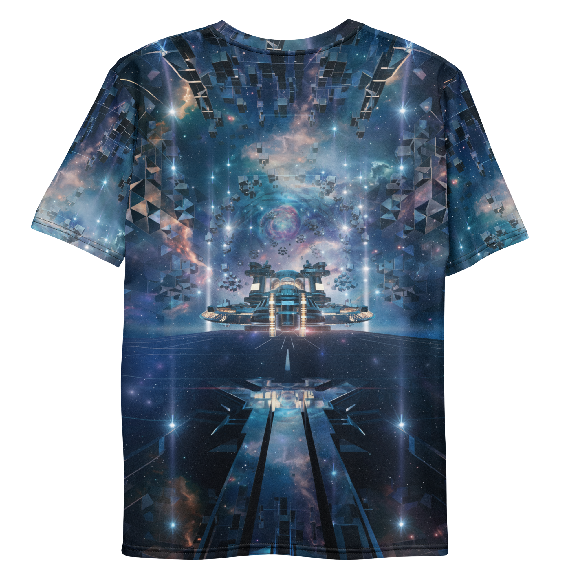 All-over print T-shirt with surreal futuristic abstract artwork with floating shapes and glowing light in a digital space, abstract design on each sleeve, back flat lay